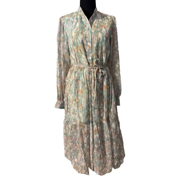 Spring & Mercer Watercolor Chiffon Midi Prairie Dress Small Long Sleeve NEW - Picture 1 of 16